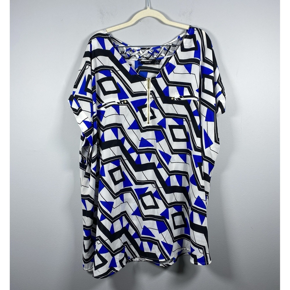 Apt 9 Blouse Women 4X Blue Geometric Lattice Back Zip Front Short Sleeve Top - Picture 2 of 6